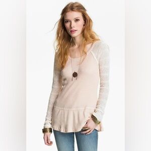 We The Free - Lace Sleeve Thermal Peplum Long Sleeve Top in Pink and White